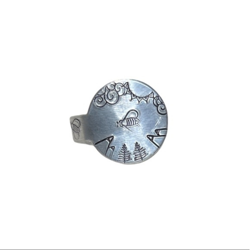 Handmade 8/9 stamped boho silver‎ Nature mountain adjustable medallion ring